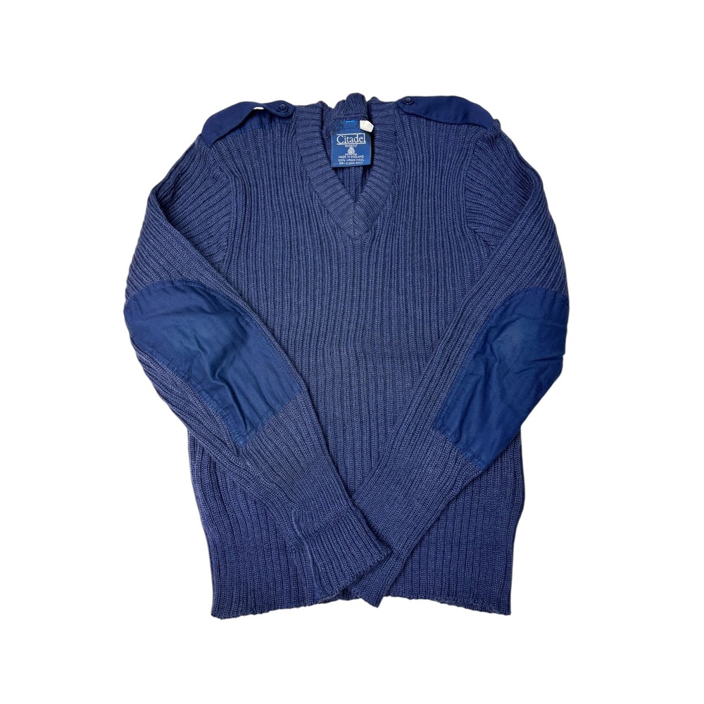 Citadel Mens Navy Blue V Neck Wool Sweater Size 38 Elbow Patches Made in England